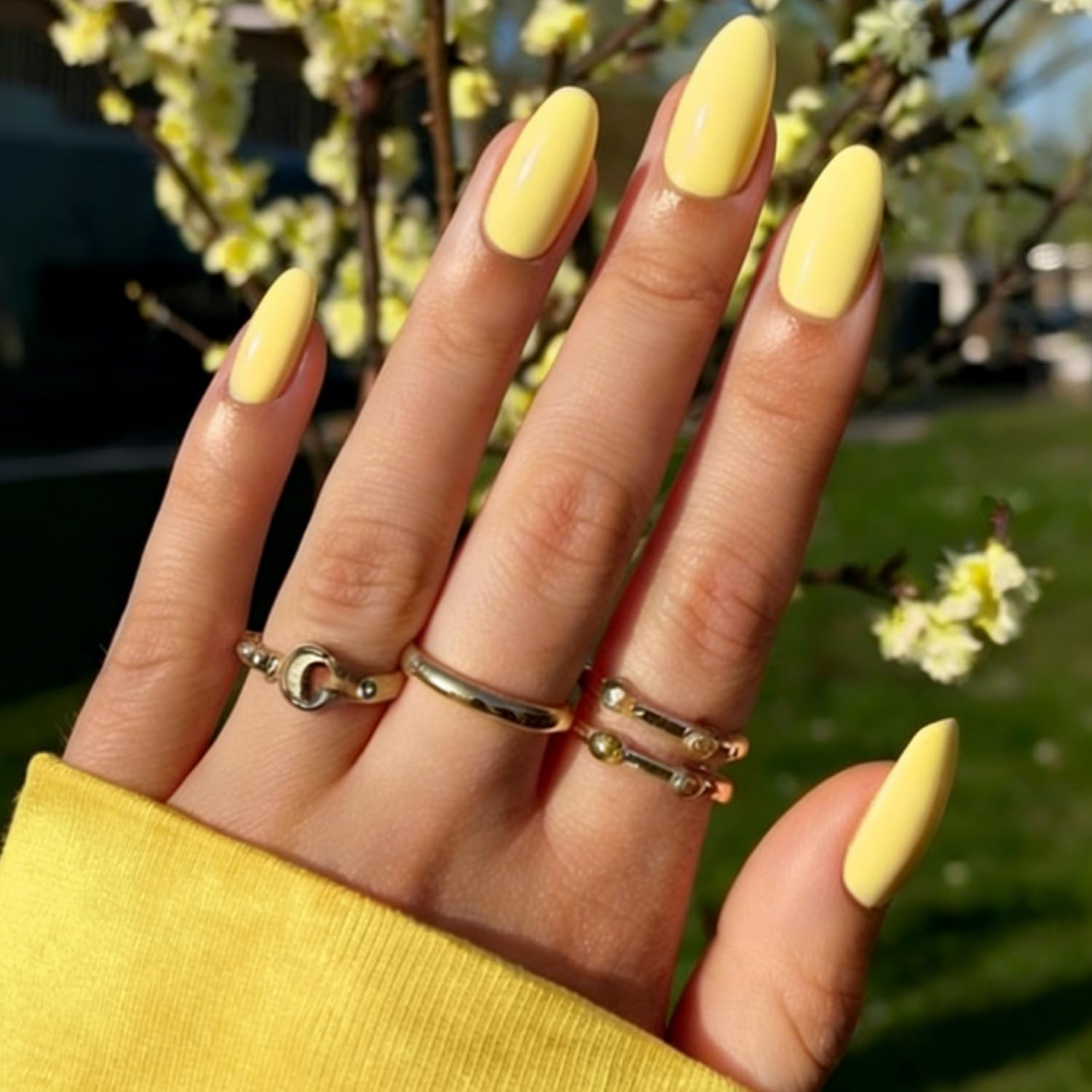 Modelones Yellow Press on Nails Short Almond, 32Pcs 16 Sizes Fake Nails