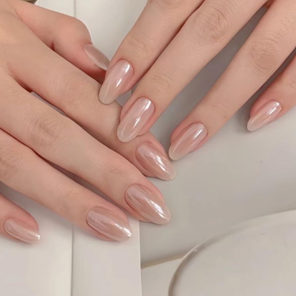 Modelones Pink Chrome Press on Nails Short Almond, 32Pcs Fake Nails