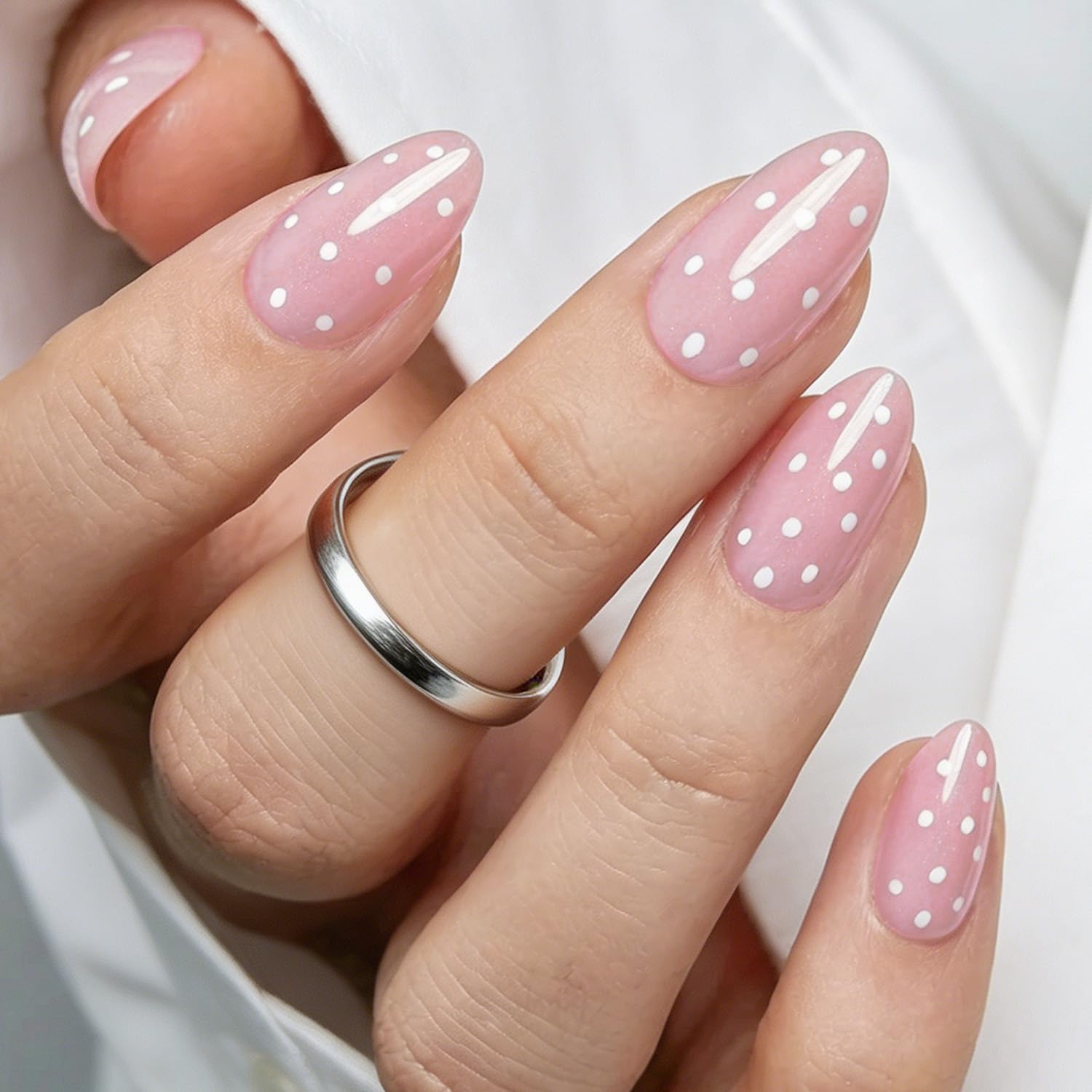 Modelones Pink Polka Dot Press on Nails Short Almond, 32Pcs Fake Nails