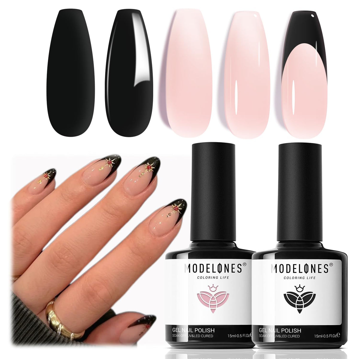 modelones French Tip Gel Nail Polish Set 2 Pcs 15ml Black and Milky Pink