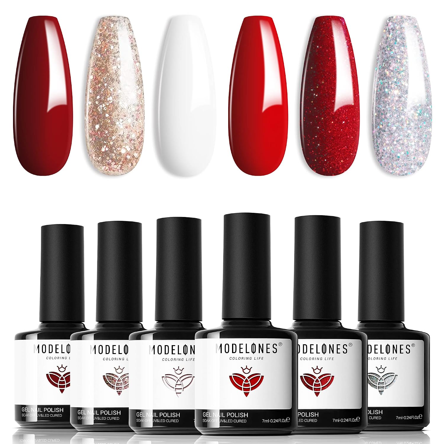 modelones Fall Gel Nail Polish Set, 6 Colors Red White Gold Silver Giltter