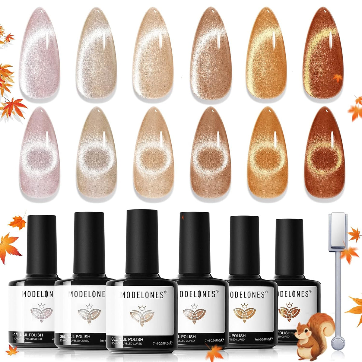 modelones Fall Cat Eye Gel Nail Polish Set, Nude Brown Gold Caramel Khaki