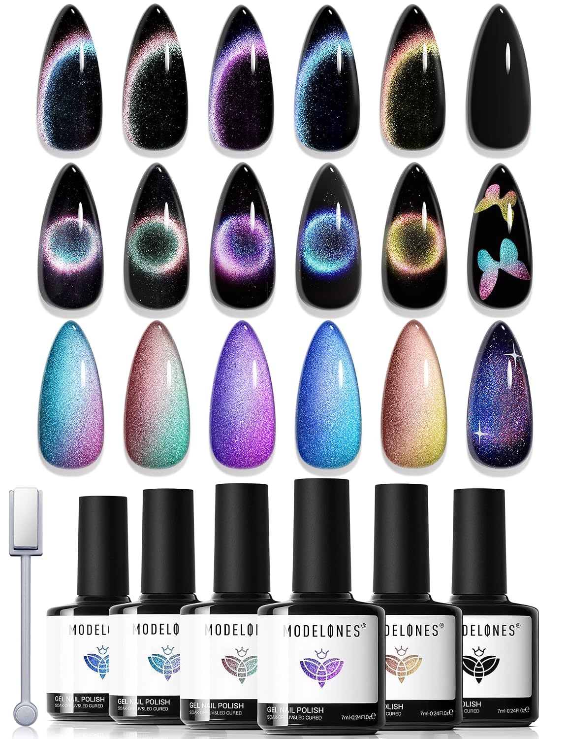 modelones Cat Eye Gel Nail Polish Set Glitter 6Colors Pink Blue Green
