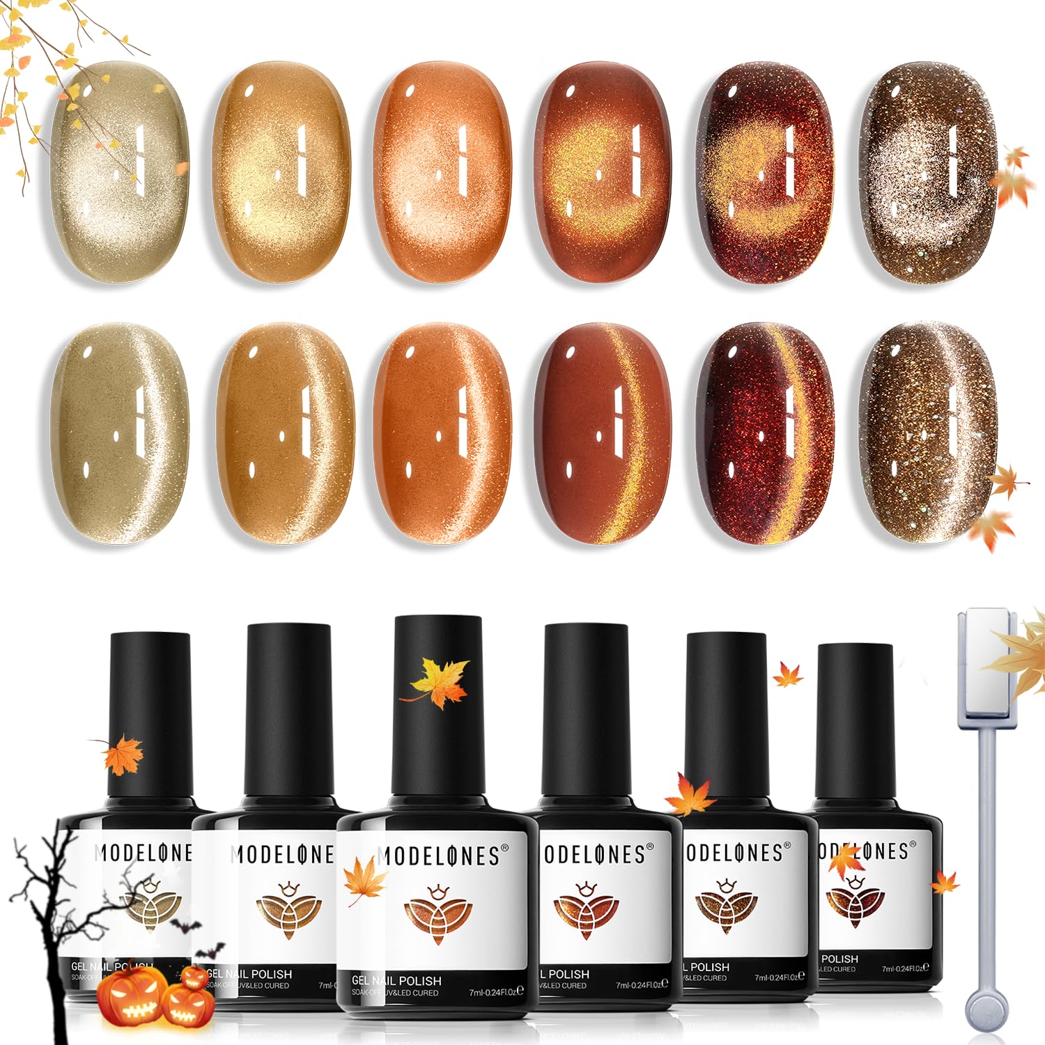 modelones Fall Cat Eye Gel Nail Polish Set Yellow Gold Orange Brown Nude