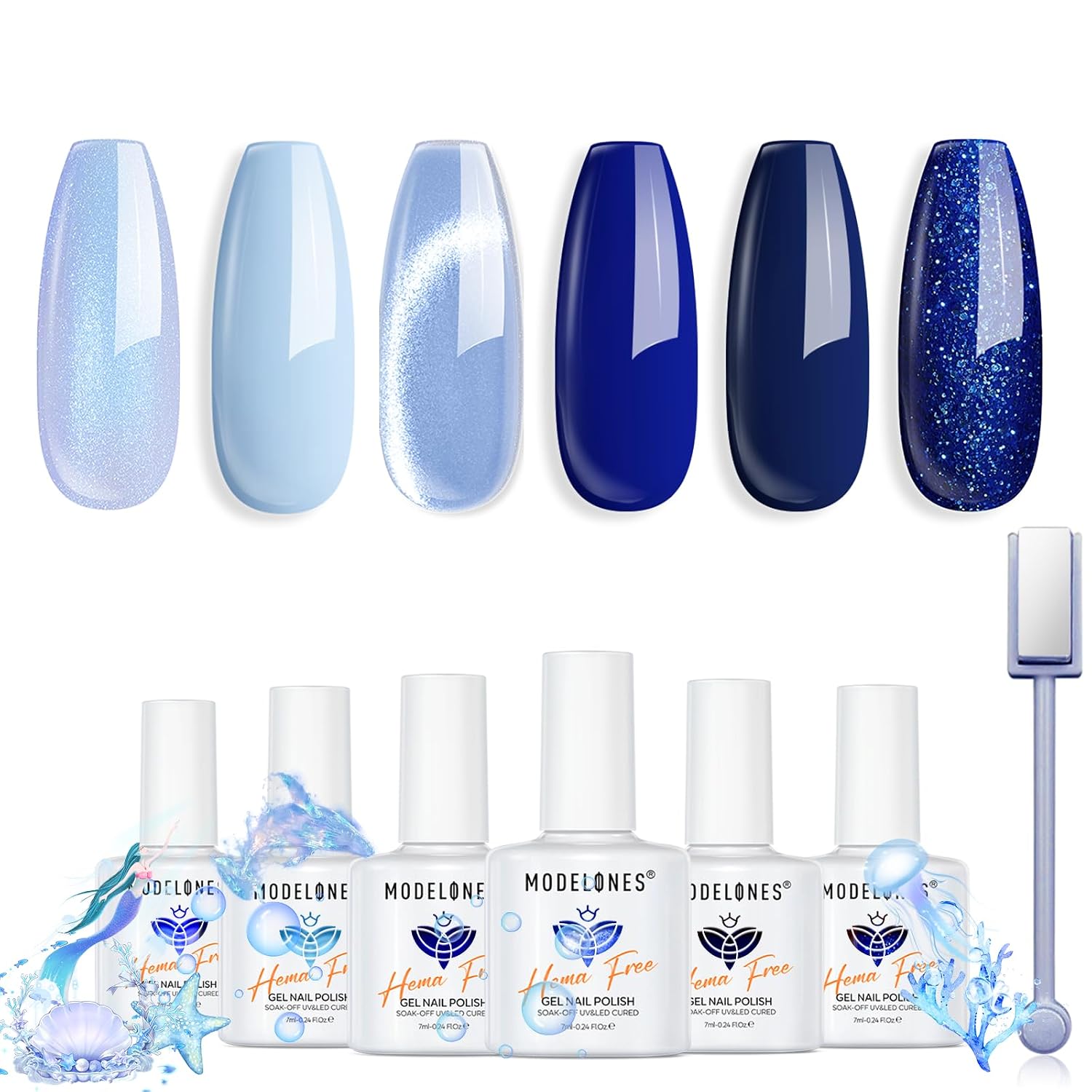 modelones Blue Cat Eye Gel Nail Polish Set, 6 Colors Hema Free Pastel Navy