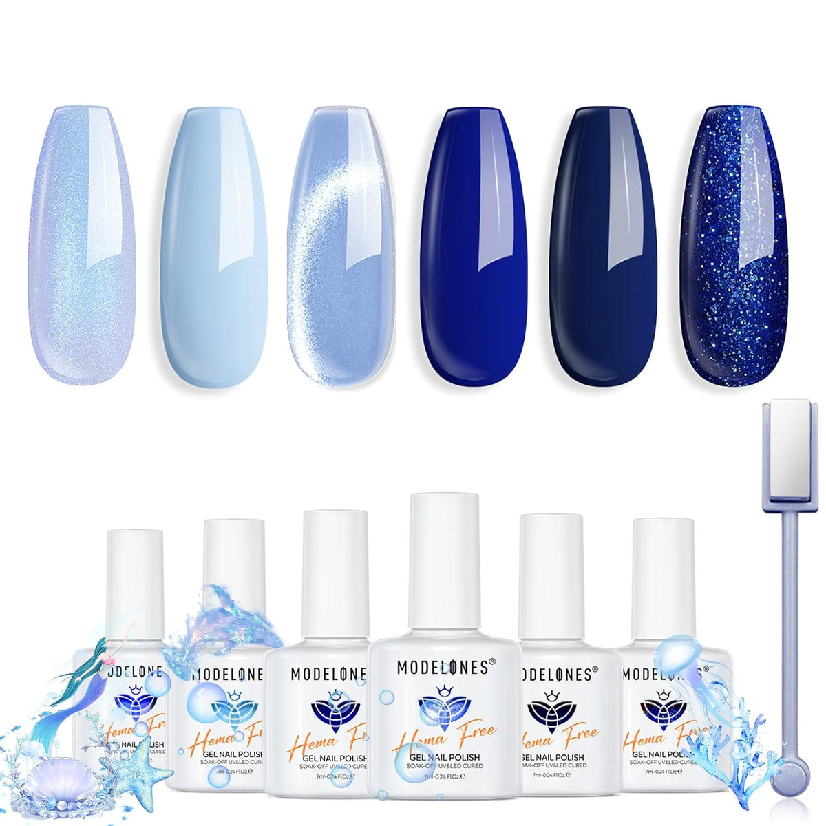modelones Blue Cat Eye Gel Nail Polish Set, 6 Colors Hema Free Pastel Navy