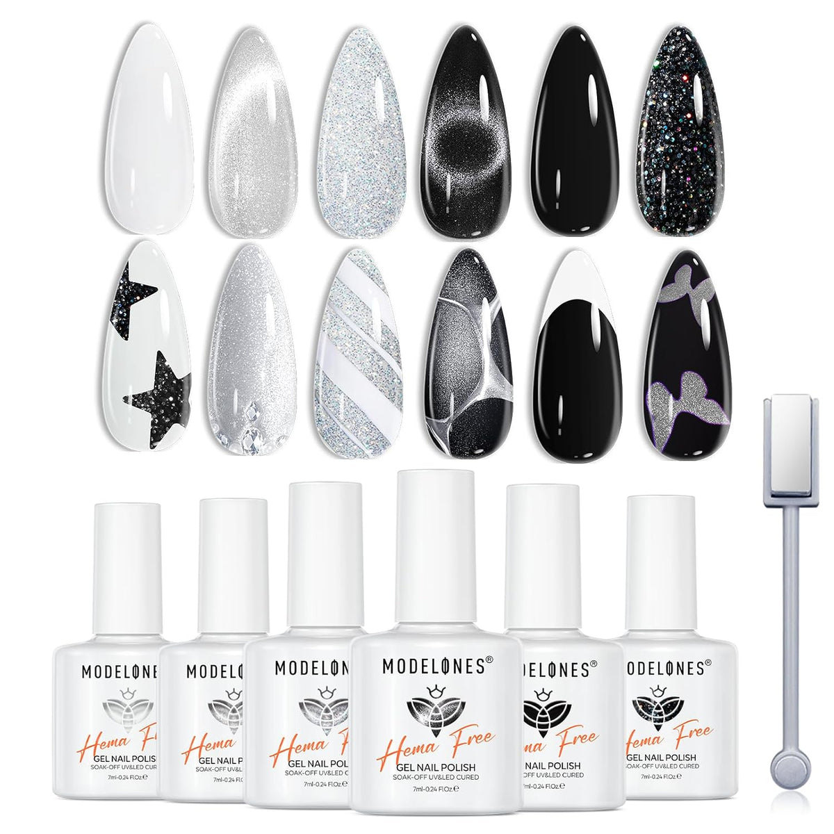modelones Black White Gel Nail Polish, Hema Free Cat Eye Glitter Shimmer