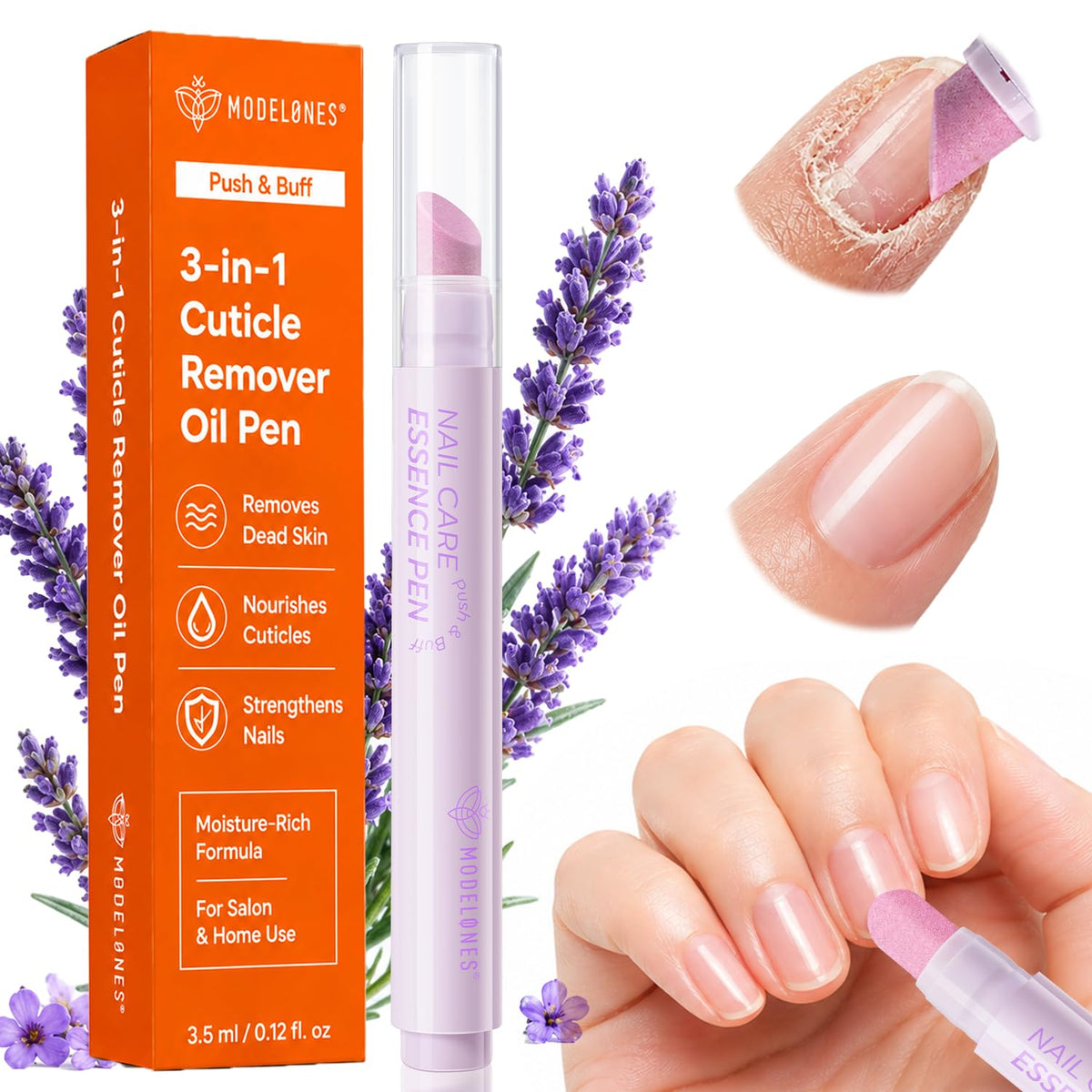 Modelones Cuticle Remover Pen, 3-in-1 Lavender Cuticle Oil Pusher Pen