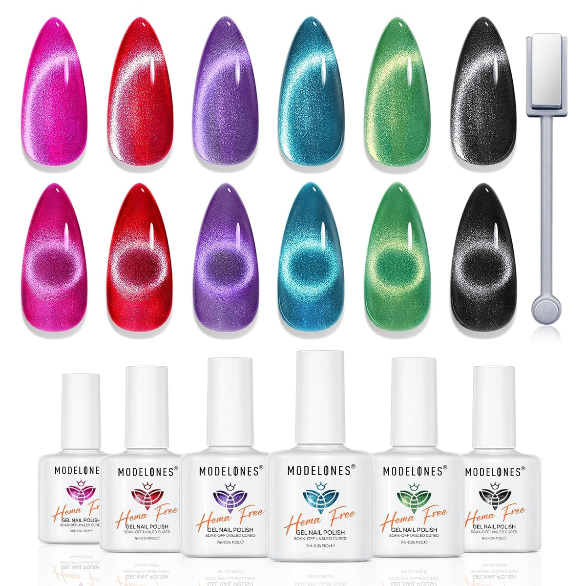 modelones Cat Eye Gel Nail Polish Set 6 Colors with Magnet Holographic