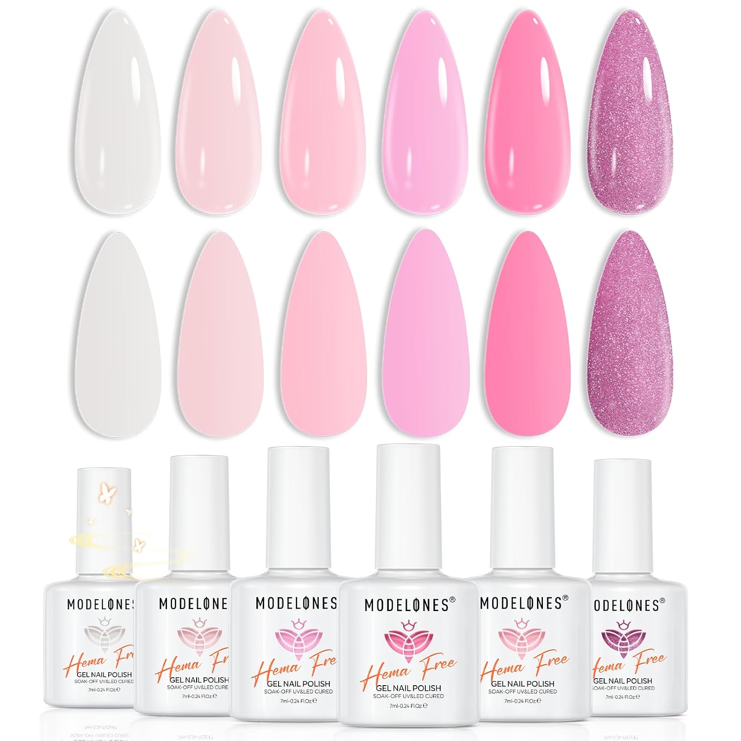 modelones Pink White Gel Nail Polish Set, Hema Free 6 Colors