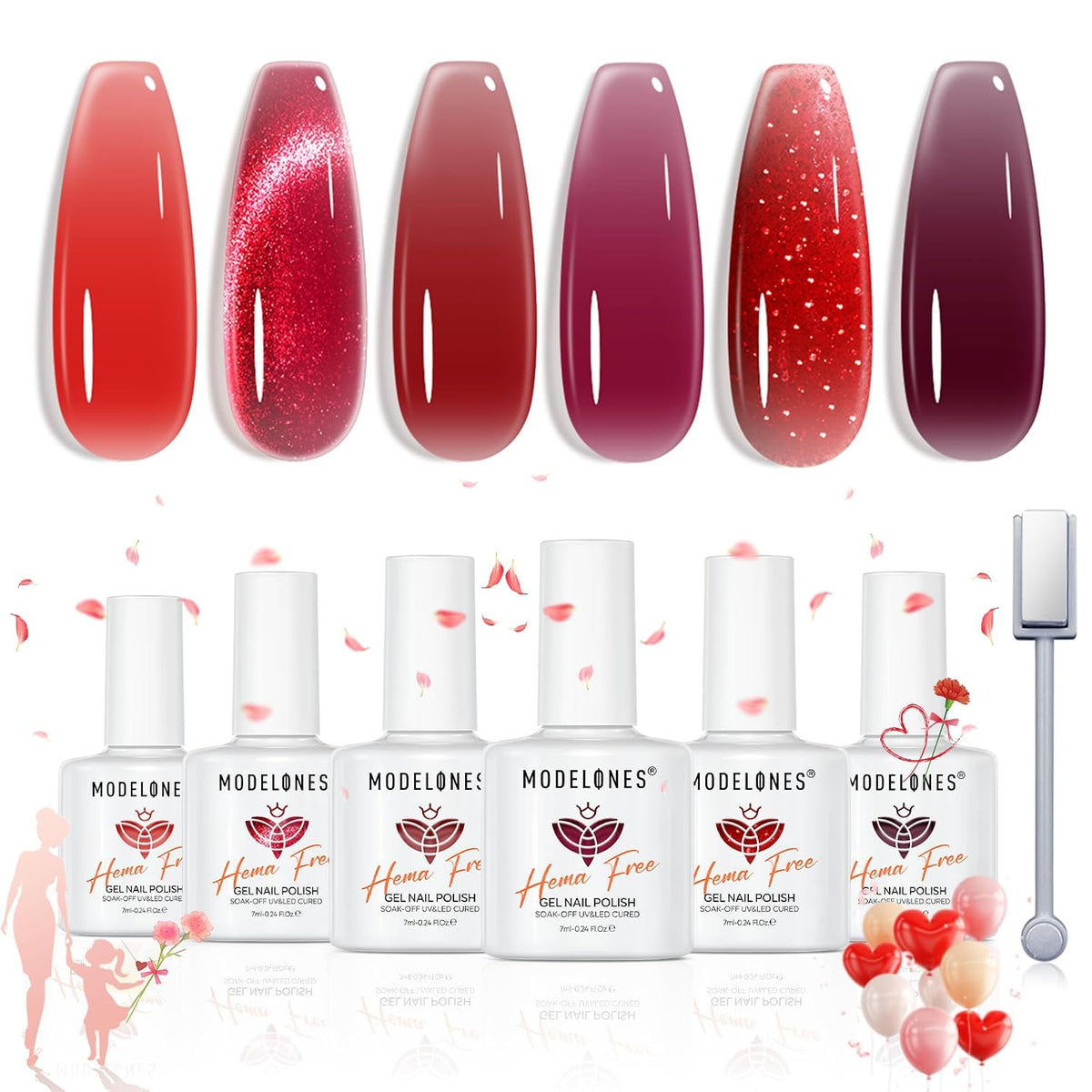 modelones Jelly Red Cat Eye Gel Nail Polish Set, Hema Free Fall 6 Colors