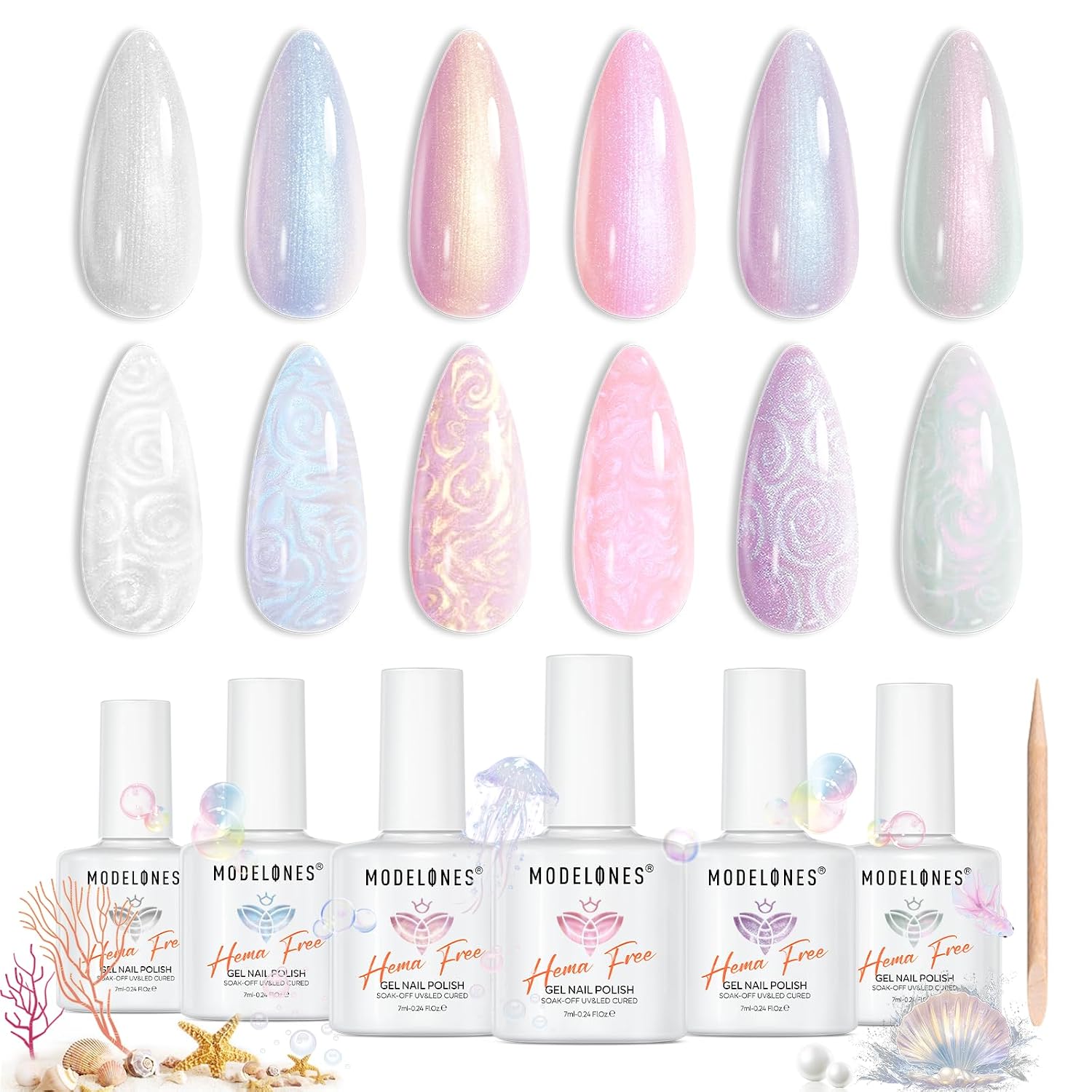 modelones Pearl Gel Nail Polish Set, Hema Free 6 Colors with Dotting Pen