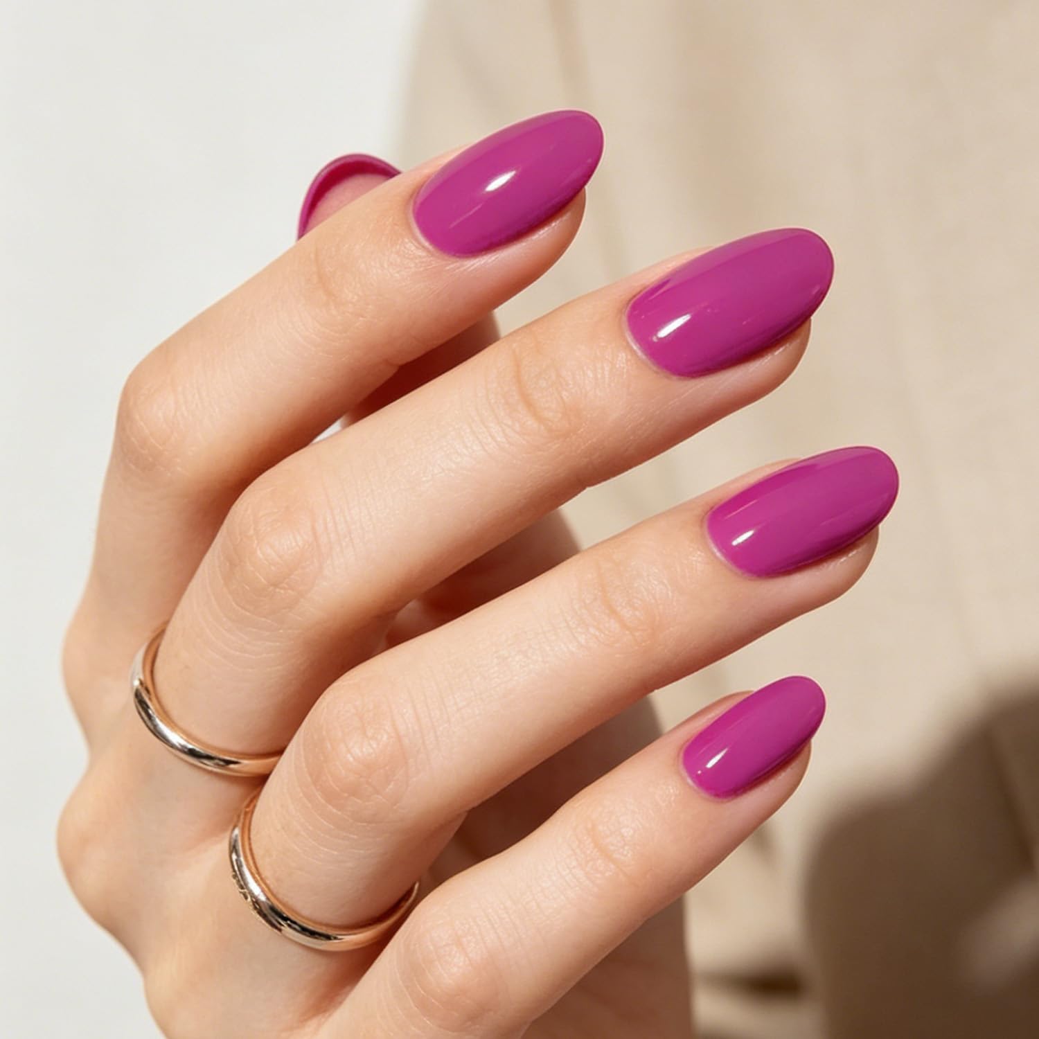 Modelones Fuchsia Press on Nails Short Almond, 32Pcs 16 Sizes Fake Nails