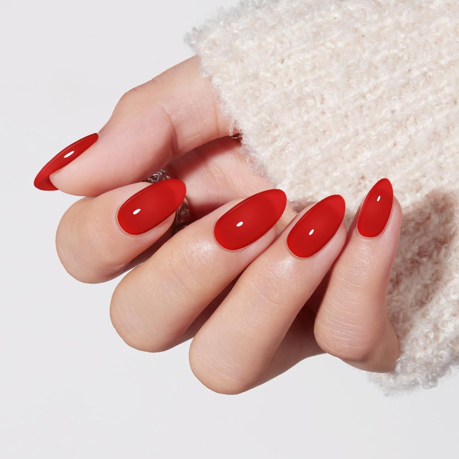 Modelones Red Press on Nails Short Almond, Semi-Transparent Fake Nails