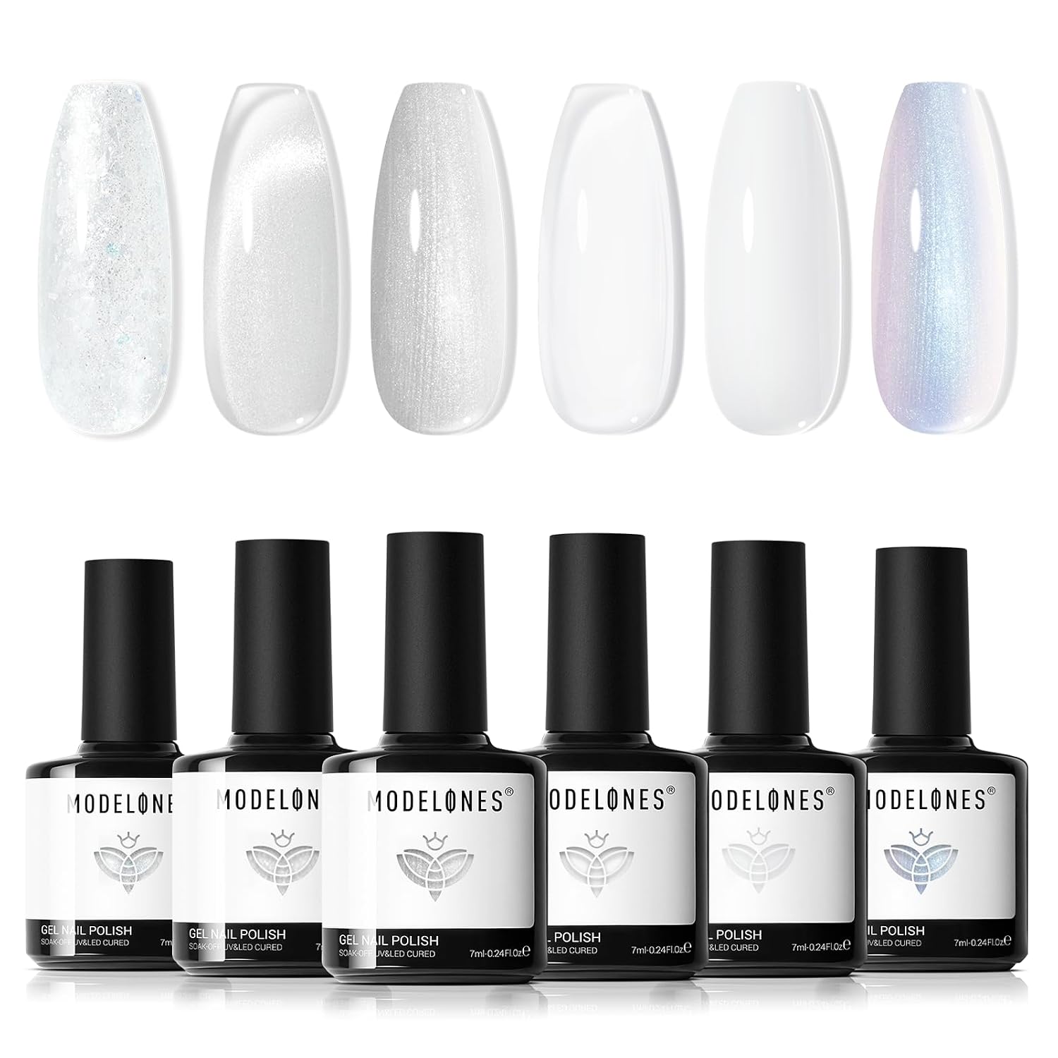 modelones White Gel Nail Polish Set, 6 Colors Milky Jelly White Sparkle