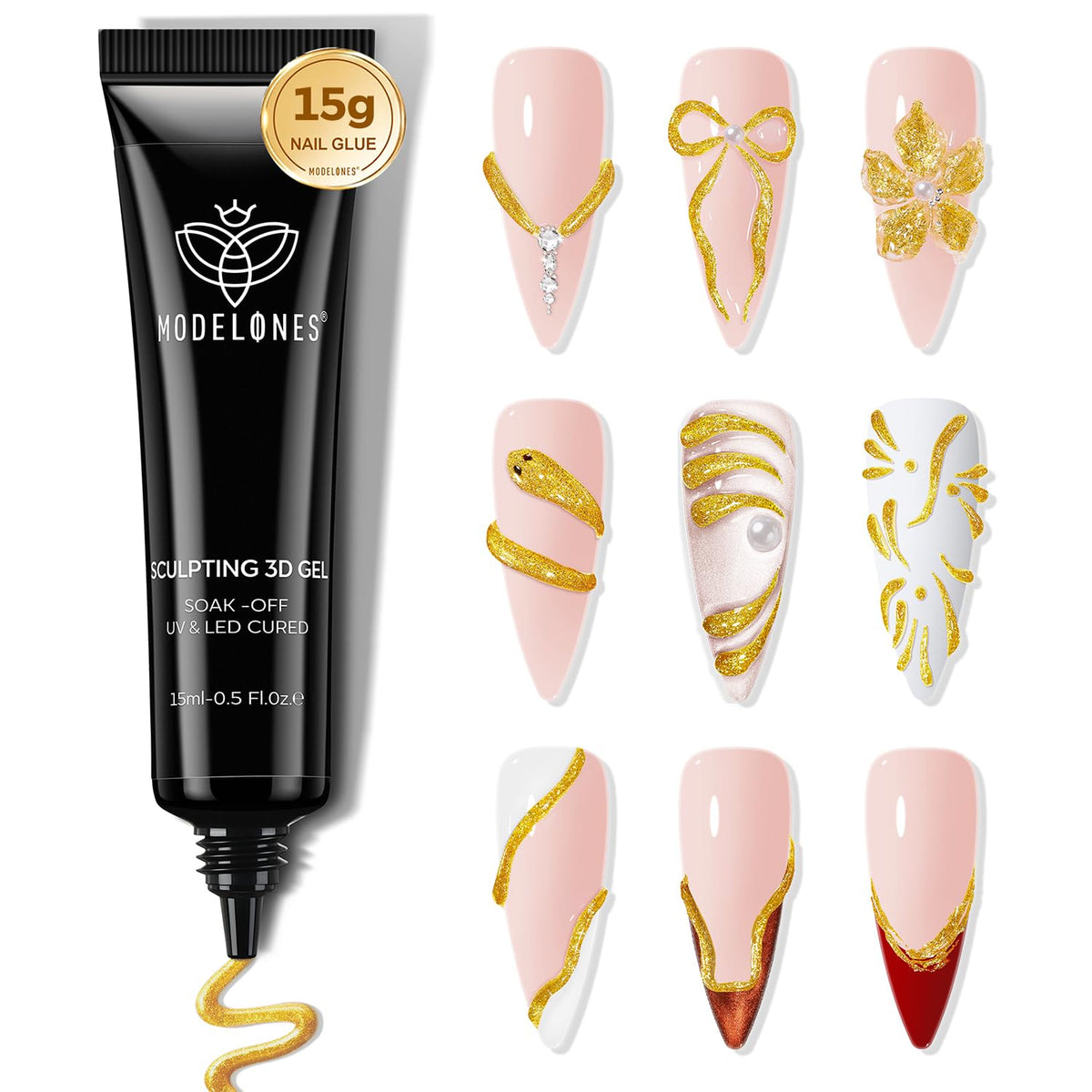 modelones Gold 3D Gel Nail Art, 15g Metallic Sculpting Gel for Molding Painting Carving Nail Design Charms & Gems Glue Decoration No Wipe U V Home Salon DIY Manicure