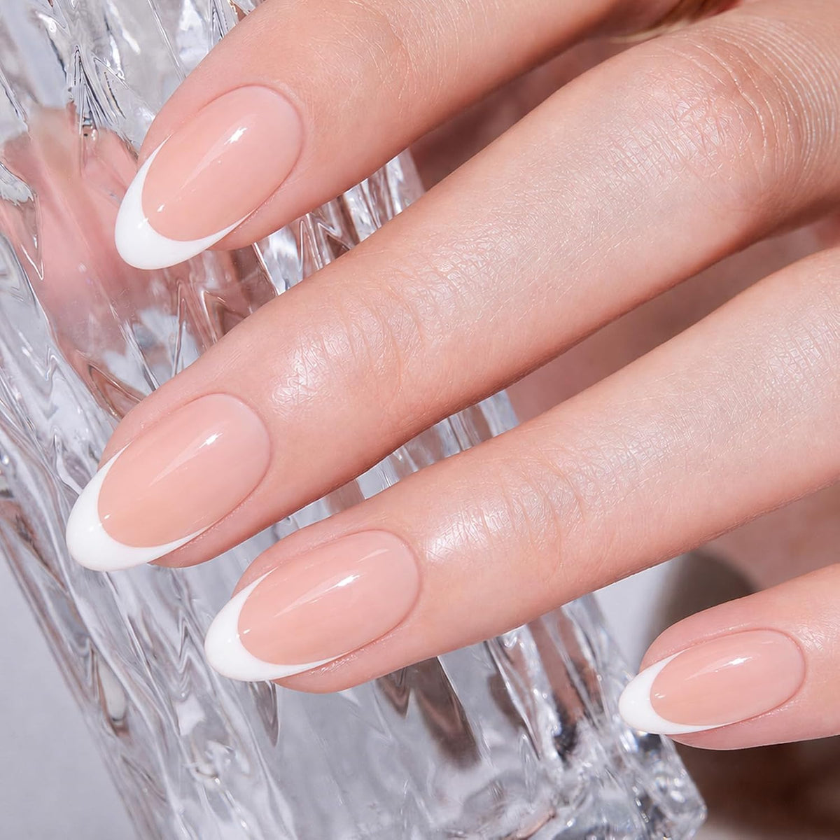 Modelones Pink French Tip Press on Nails Short Almond 32Pcs Fake Nails