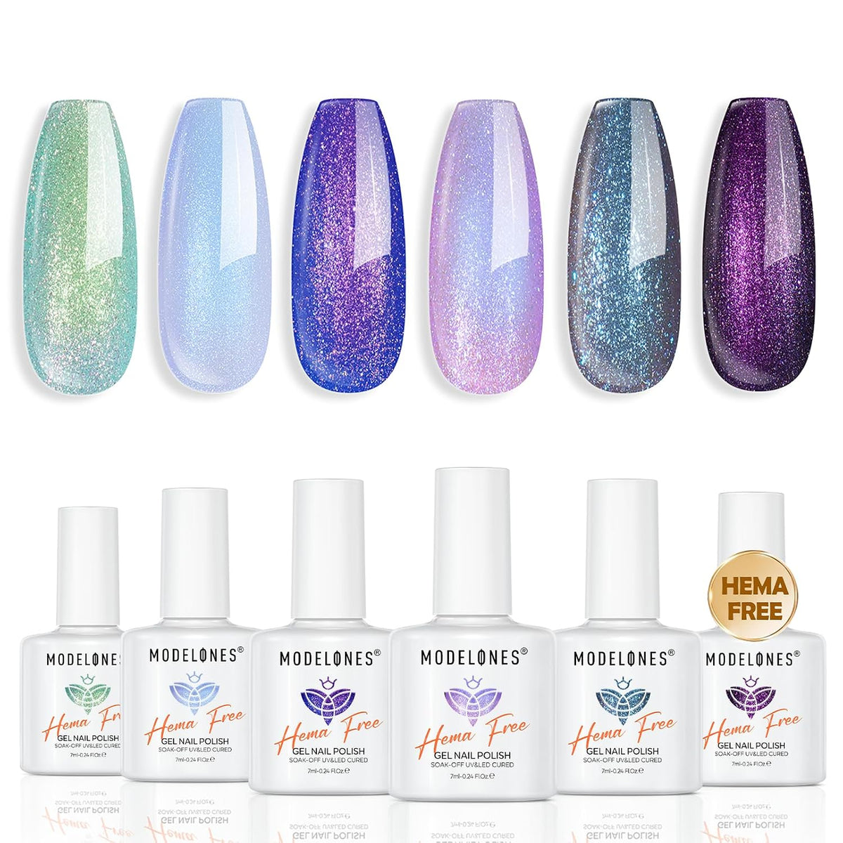 modelones Glitter Gel Nail Polish Set, Hema Free 6 Colors Chameleon Galaxy