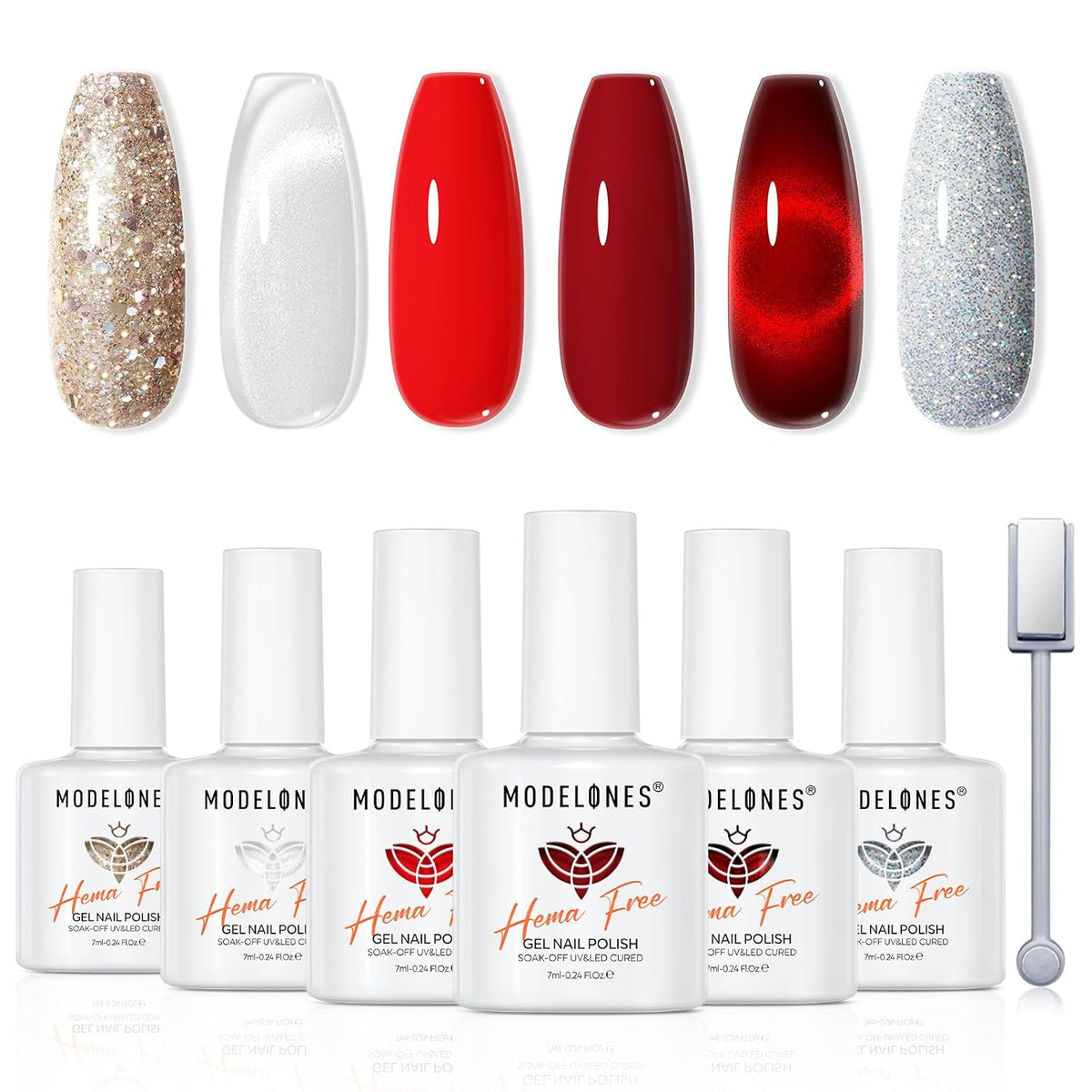 modelones Christmas Gel Nail Polish Set, Red Gold Silver Cat Eye Giltter