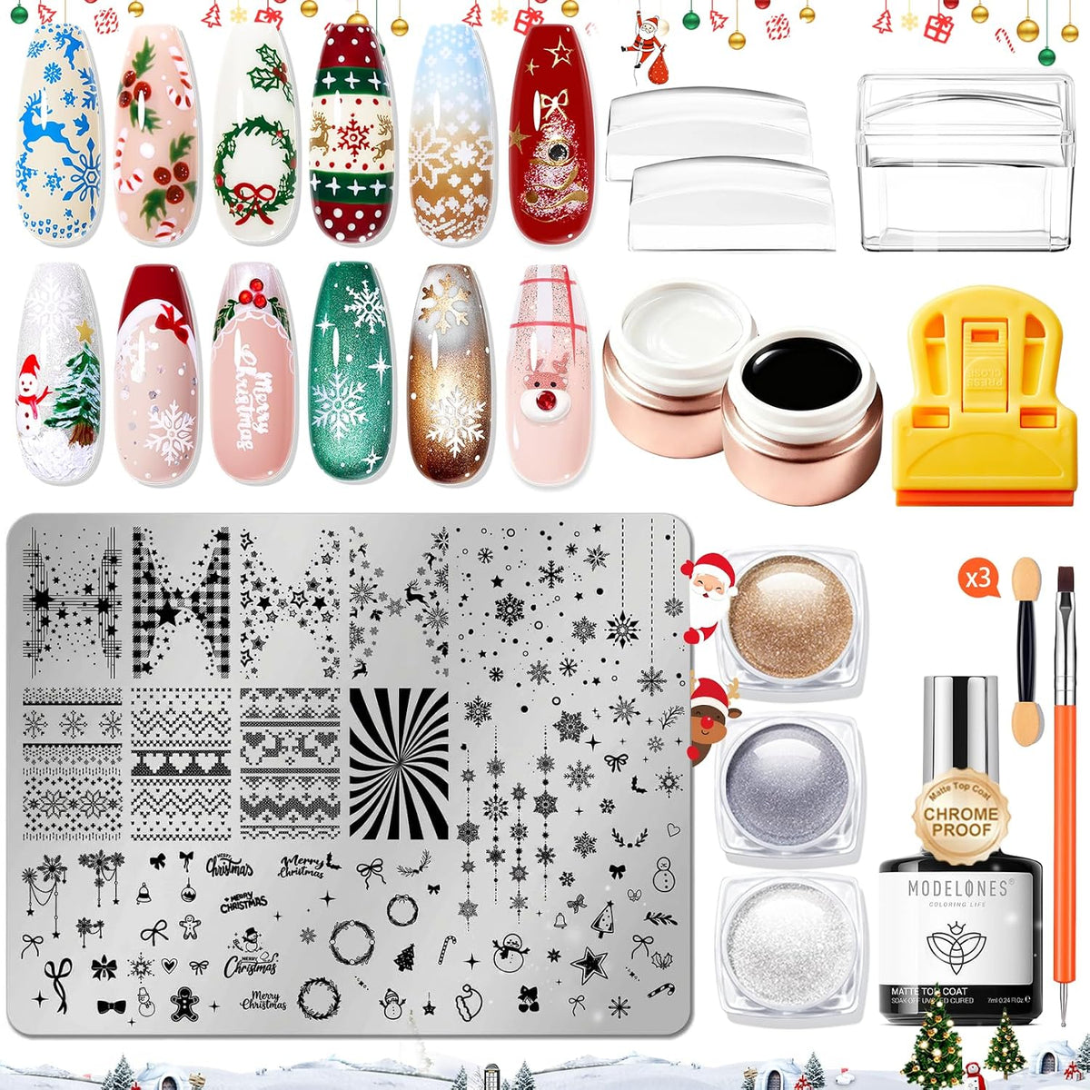 modelones 16Pcs Winter Nail Stamping Kit French Stamper Christmas Plate