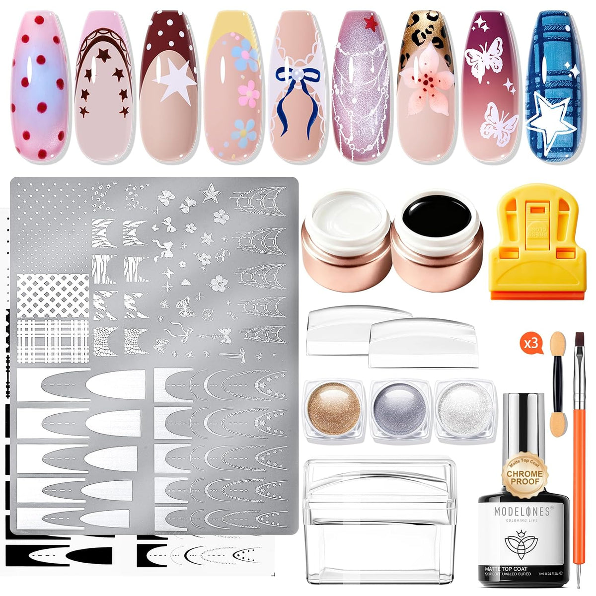 modelones 16Pcs Nail Stamping Kit French Tip Plate Stamper Leopard Plai