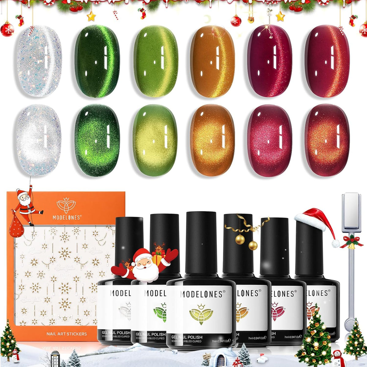 modelones Christmas Cet Eye Gel Nail Polish Green Red Gold Silver Cateye