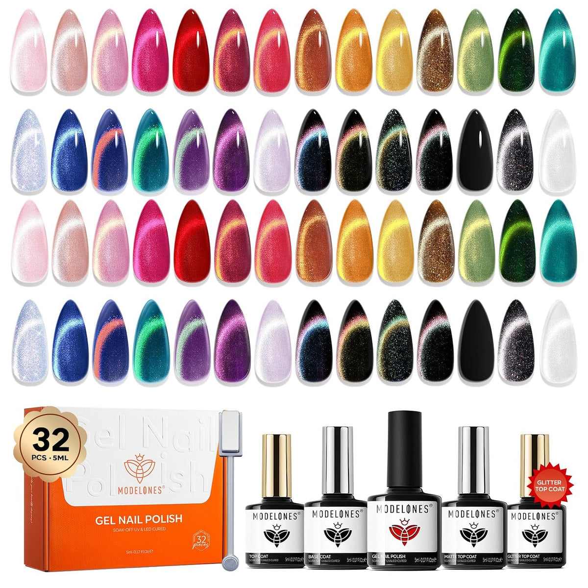 modelones Cat Eye Gel Nail Polish Set 32PCS 28Colors Fall Gel Polish Kit