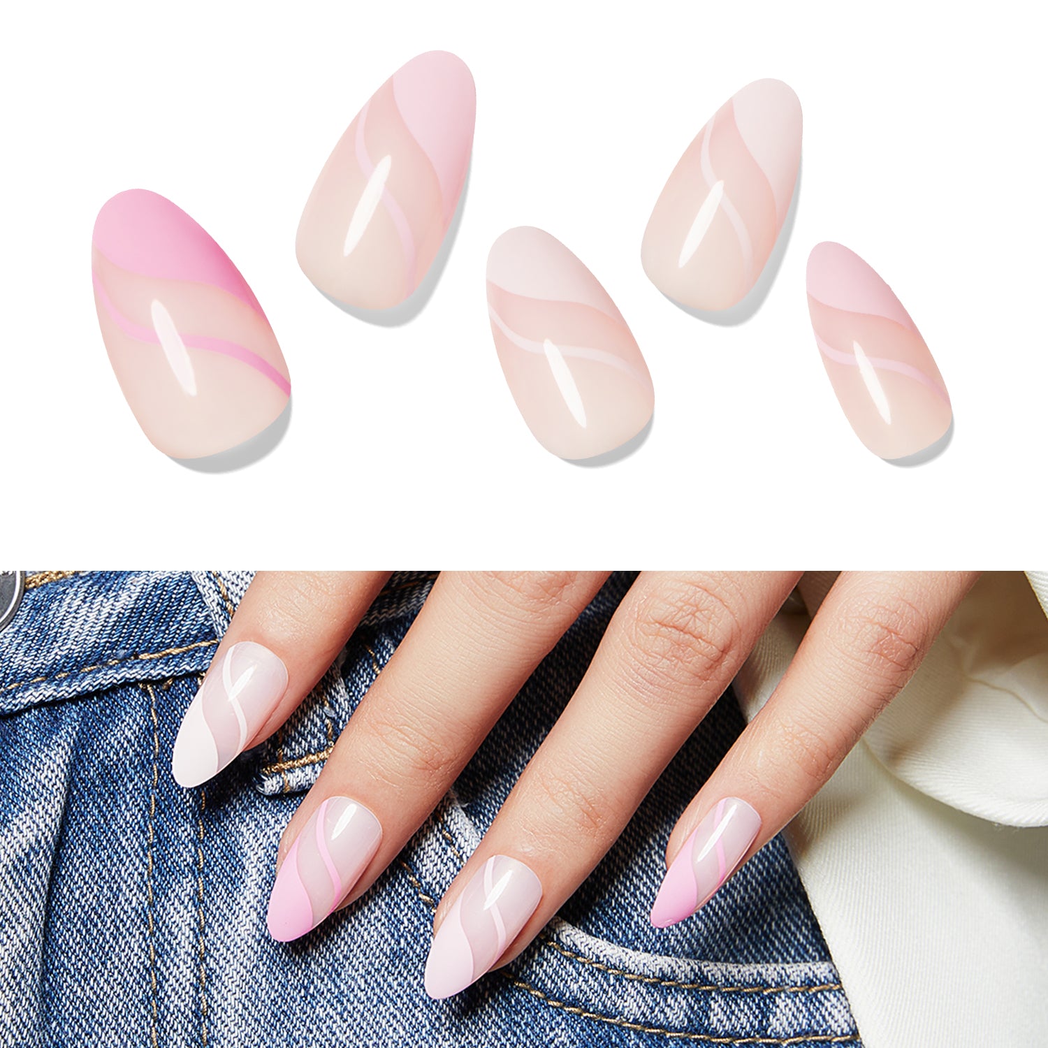 Pink Wave - 24 Fake Nails 12 Sizes Short Almond Press on Nails Kit