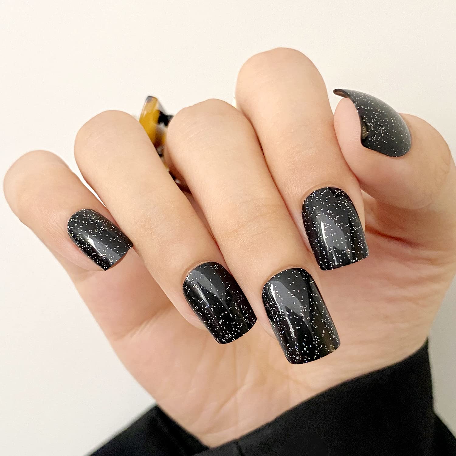French Fake Nail Nude Nails with Black and Glitter Top Artificail Nails for  Daily Wear Medium Size False Nails - Imported Products from USA - iBhejo