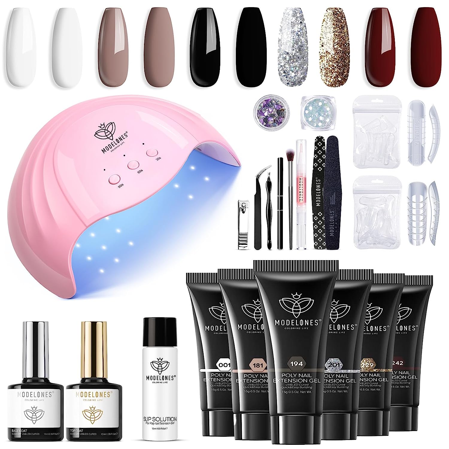 Buy POLYGEL NAIL EXTENSION KIT BEGINNERS KIT- WITH FULL SIZE UV LAMP- ONE  POLYGEL TUBES -30 GM, TOP CO AT BASE CO AT, 100 POLYGEL MOULDS BUFFER  POLYGEL TOOL WITH SLICE AND