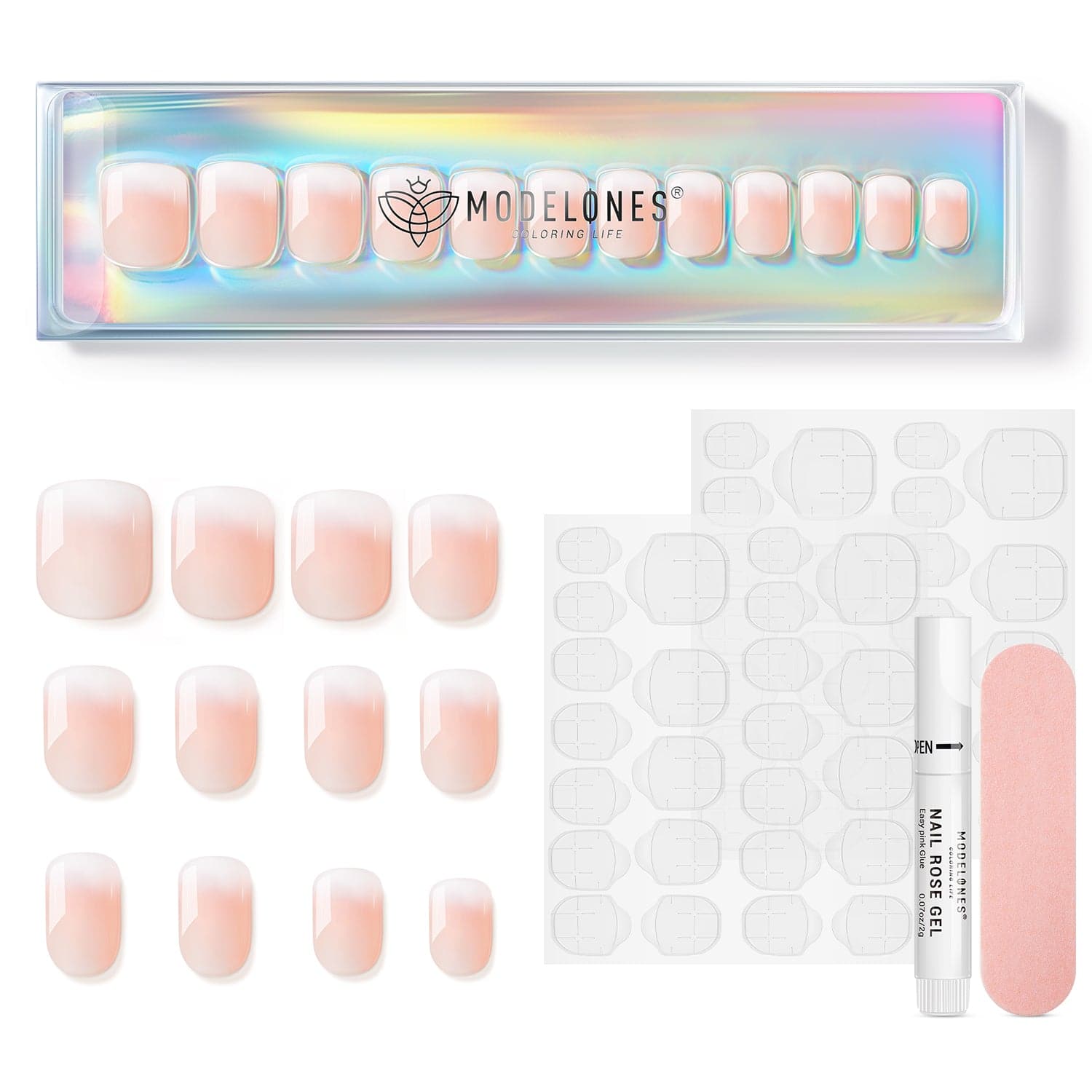 Rose Ombre - 24 Fake Nails 12 Sizes Short Squoval Press on Nails Kit