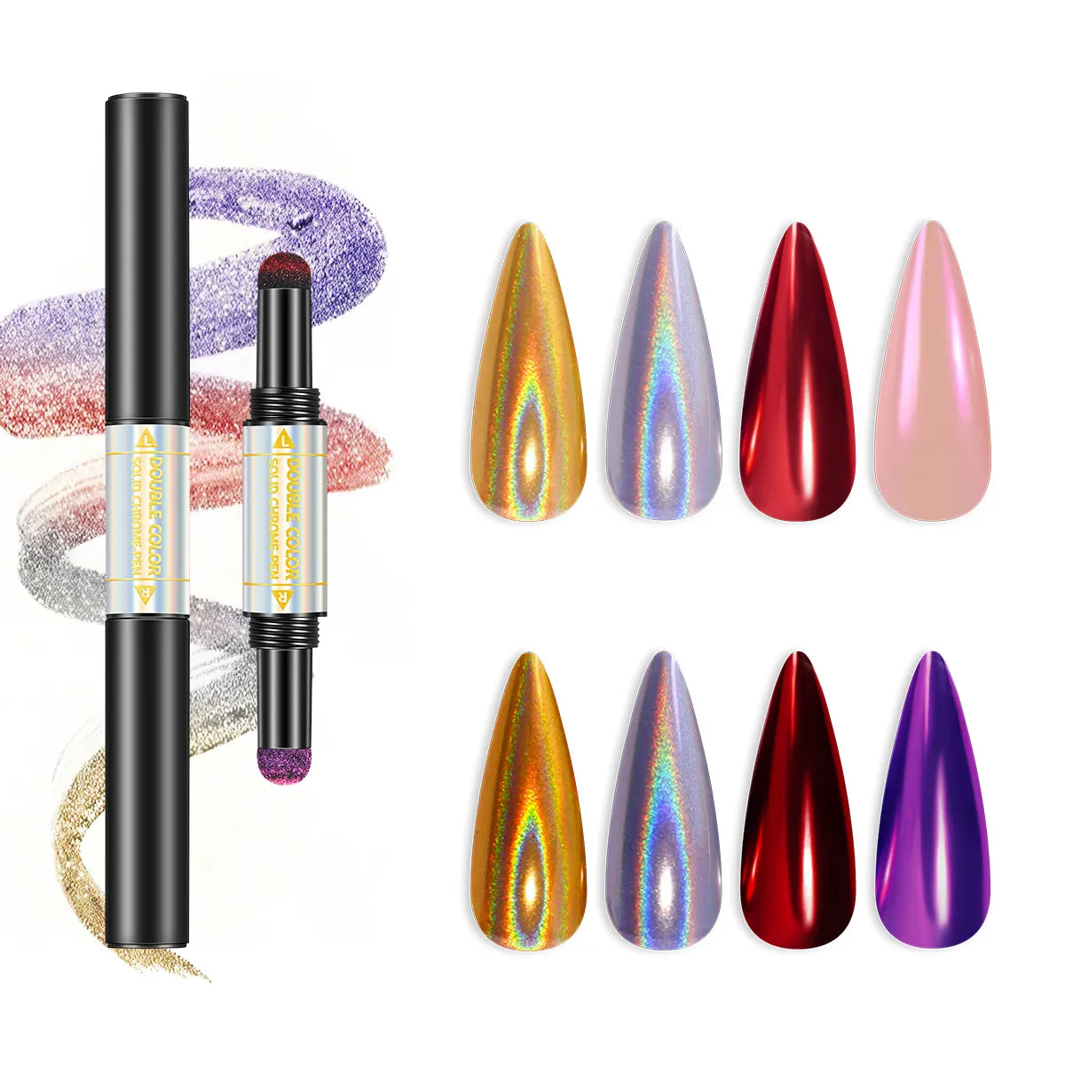 4 Colors Double-ended Nail Art Mirror Powder Pen Set With laser Rainbow Effect