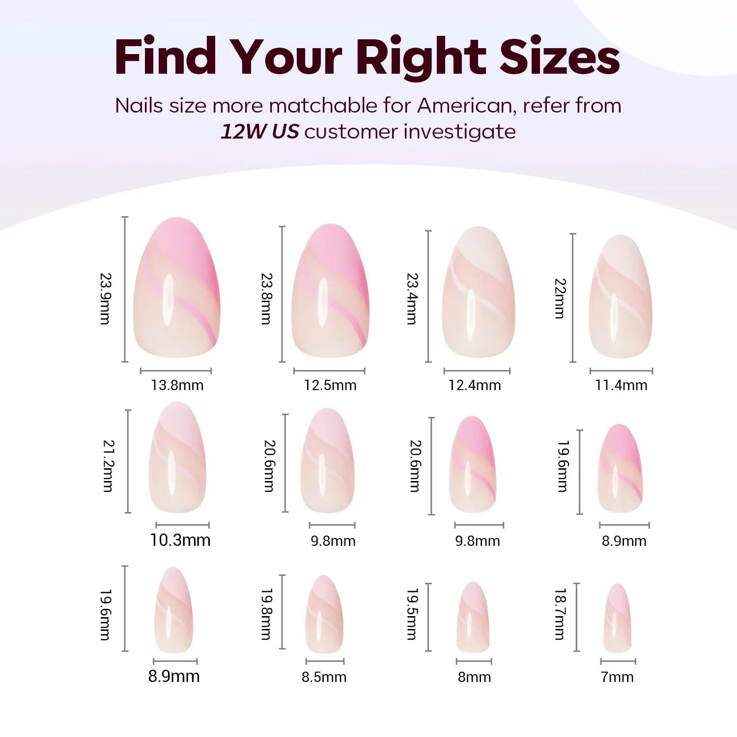 Pink Wave - 24 Fake Nails 12 Sizes Short Almond Press on Nails Kit