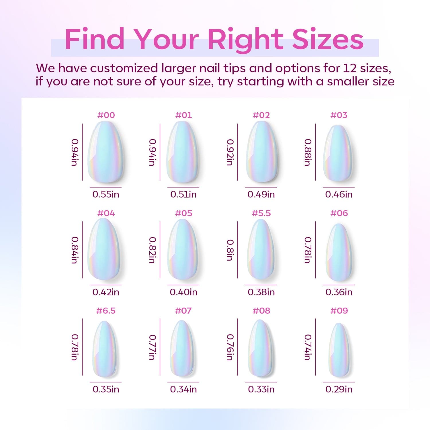 Light Up - 24 Fake Nails 12 Sizes Short Almond Press on Nails Kit