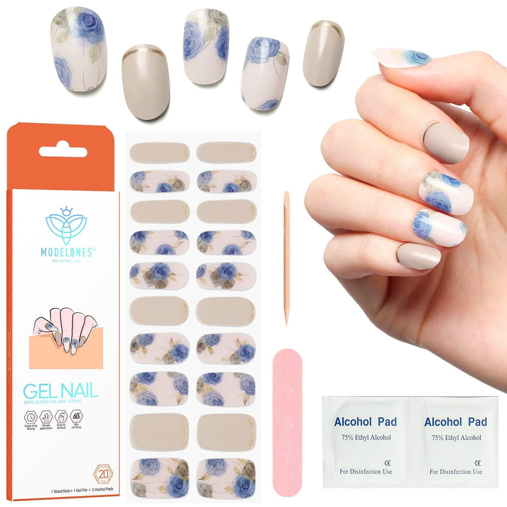Modelones Ocean Blue Semi-Cured Gel Nail Polish Strips 20pcs Full Nail Wraps Nail Art Stickers DIY with Nail File and Stick UV/LED Lamp Required